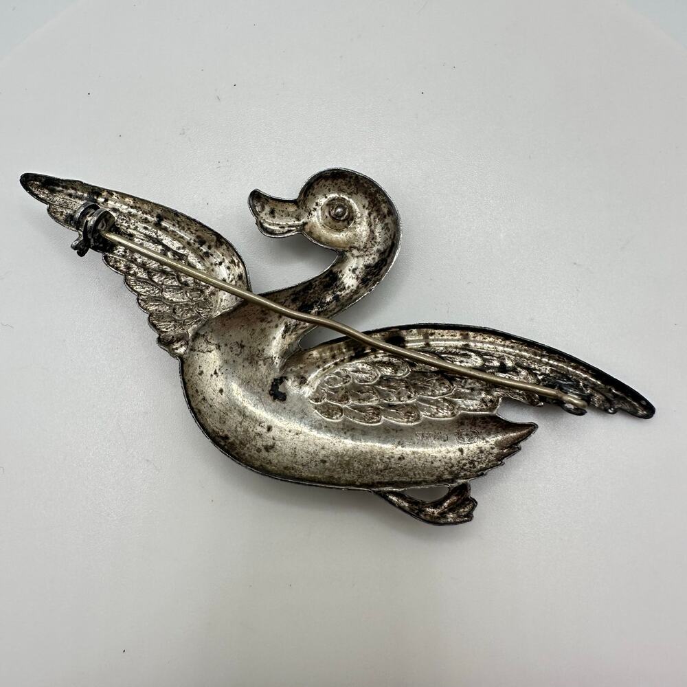 1940s signed vintage sterling silver flying duck red rhinestone brooch pin - Picture 4 of 8